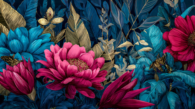 Stunning floral arrangement with vibrant pink peonies and elegant blue leaves, perfect for adding a touch of modern luxury to your designs and bringing a fresh, artistic vibe