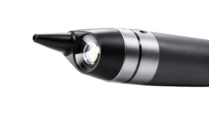 Closeup view of an otoscope device used to inspect ear canals isolated on white background with visible lens and light source for medical exams.