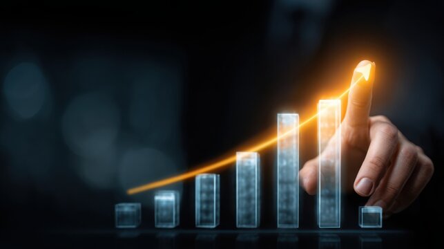 Hand pointing at glowing rising bar chart representing business growth and financial success - Powered by Adobe