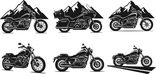 Black silhouette motorcycle icon collection with mountain backgrounds featuring cruiser and touring bikes, adventure riding themes, road trip culture, transport design, and vector illustration set © Sarsoti