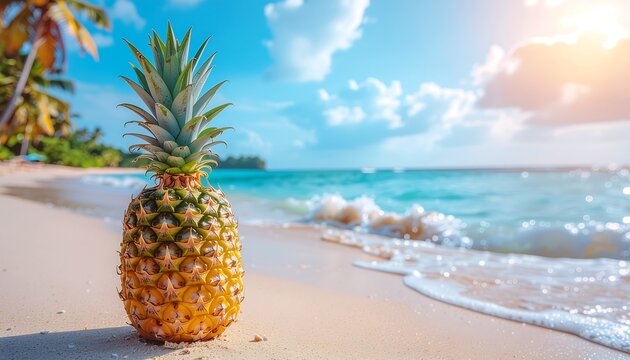 A ripe pineapple sits on a sandy beach with gentle waves lapping at the shore under a bright sunny sky.