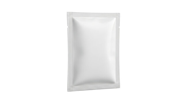 Blank white sachet packet isolated on white. Small pack sachet mockup. 3d rendering