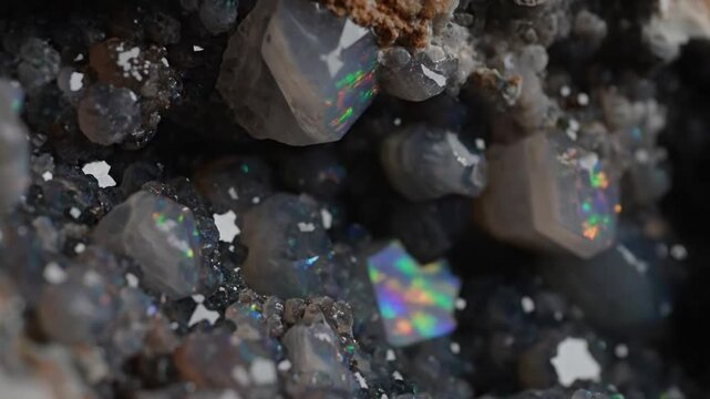 Iridescent Mineral Veins Extreme close-up, slow pan over a rough rock surface revealing thin, embedded mineral veins that subtly catch light and display an opal-like iridescence.