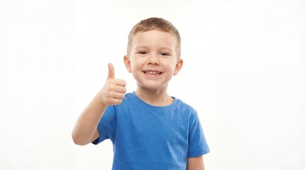 Smiling young boy wearing a bright blue t-shirt gives a thumbs-up gesture against a stark white background for positive affirmation.