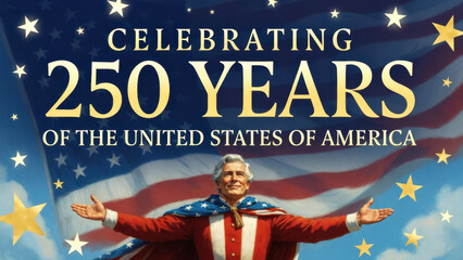Patriotic illustration celebrating the 250th anniversary of the USA, featuring a man in a star-spangled outfit against the American flag and golden stars