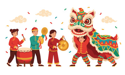 Fototapeta premium Lion Dance Celebration: A vibrant scene unfolds as individuals joyfully perform a traditional lion dance, accompanied by rhythmic drumming and music, celebrating the spirit of festivity.