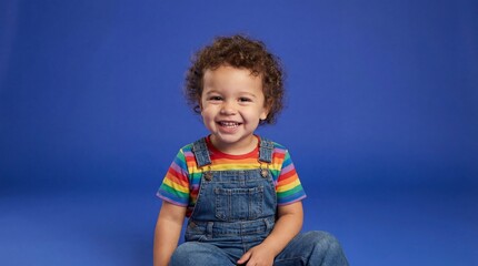 Toddler with curly hair wearing vibrant rainbow striped shirt and denim overalls sits cheerfully against a deep royal blue backdrop.
