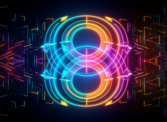 Vibrant neon circular design with arrows, set against a dark background of glowing circuit lines. The concentric circles pulse with bright colors.