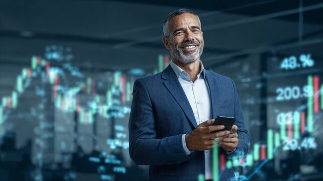 Confident mature businessman smiling while holding a smartphone with digital stock market charts and financial data in the background.