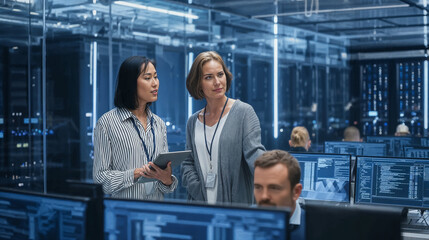 Multi-ethnic female software engineers collaborating in a modern data center office with computer screens showing code and data analytics in a professional corporate setting.