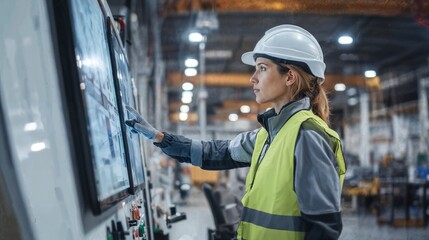 Female industrial engineer in a white hard hat and safety vest operating a digital touchscreen control panel in a modern manufacturing factory.