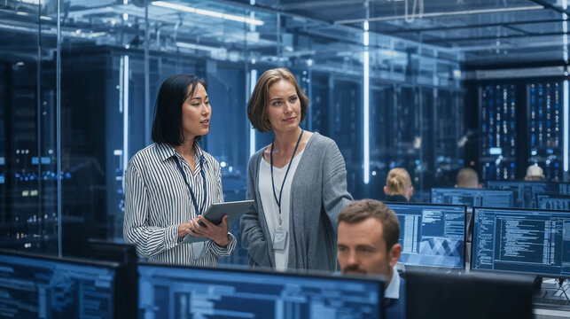 Multi-ethnic female software engineers collaborating in a modern data center office with computer screens showing code and data analytics in a professional corporate setting.