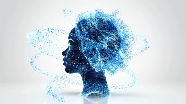 A blue-tinted silhouette of a woman's head with particles swirling around and emanating from it