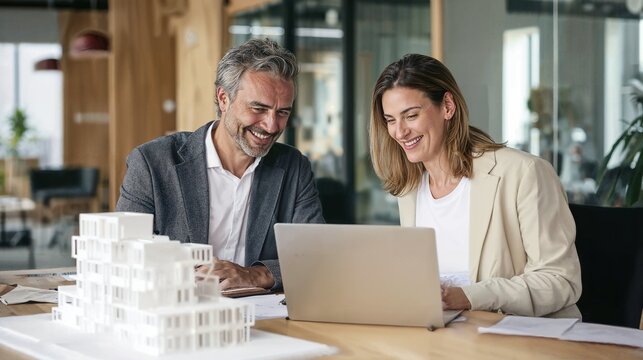 Two smiling professional architects collaborating on a building project with a laptop and architectural scale model in a modern office studio. - Powered by Adobe