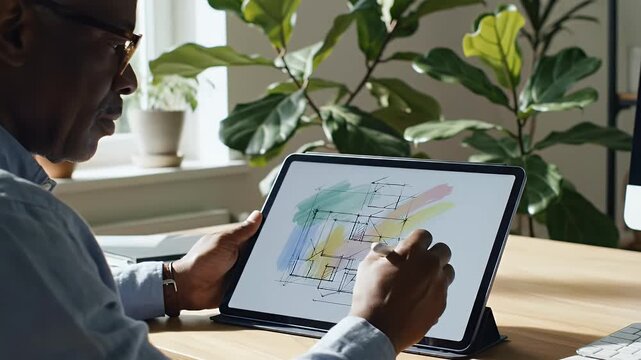 Over shoulder view of African American Senior Architect sketching House Design on Tablet representing Digital Skill