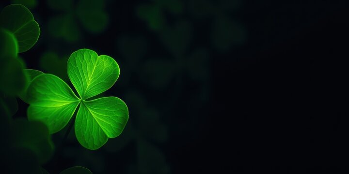 Four Leaf Clover Closeup on Dark Background - Green Foliage