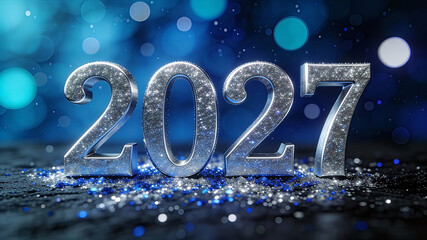The year 2027 displayed in bold, 3D silver numerals with a textured, sparkling glitter finish. Happy New Year, New Year