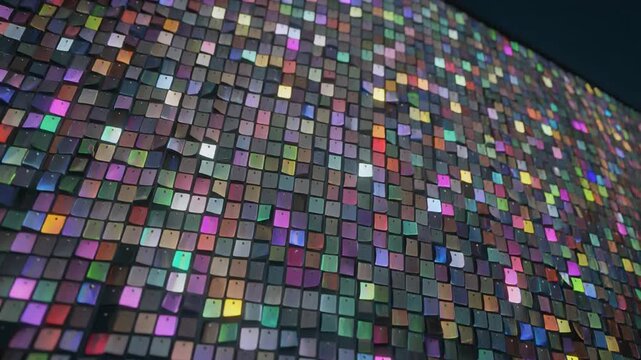  rotating facade composed of thousands of tiny glass like tiles shimmering in rainbow reflections