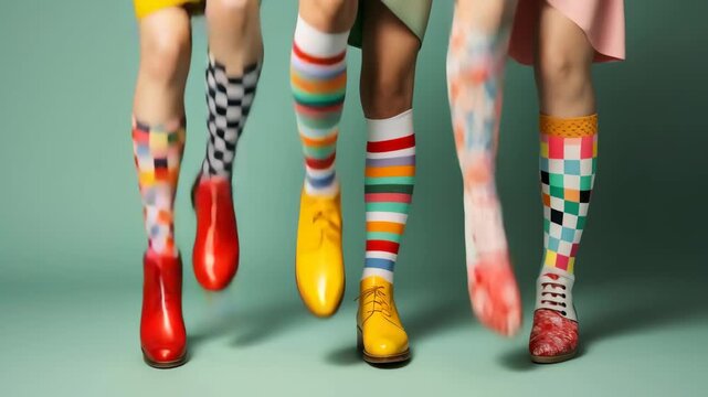 Colorful socks and shoes in a quirky style, captured from a front-facing angle. Ideal for a playful fashion video or creative design concept. Live desktop wallpaper.