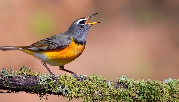 A Colorful Northern Parula Sings Out Its Song While Perched On A Branch With Green Lichen With A Smooth Brown Background