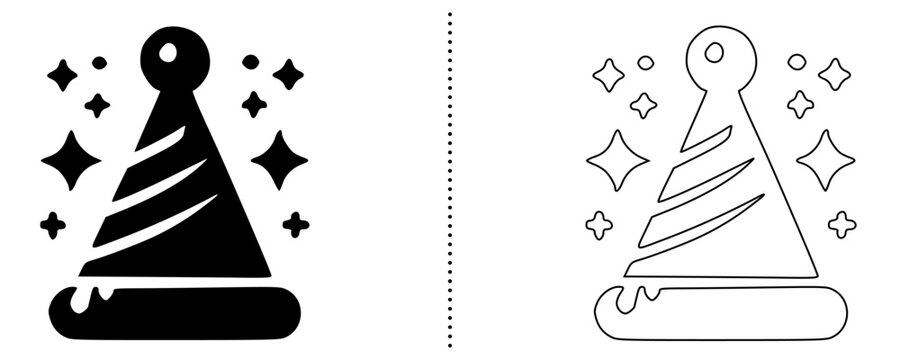 Party hat icon with sparkles symbolizing celebration, birthday and festive event concept, fun holiday party decoration vector illustration, solid and outline style isolated on white background