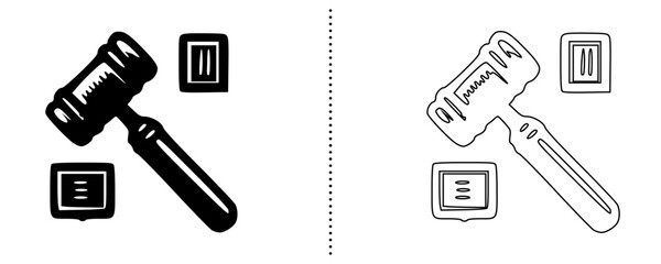 Obraz premium Law and justice icons showing judge gavel hammer symbol for legal system, court decision, auction and compliance concept in solid and outline vector style for web, app and UI design
