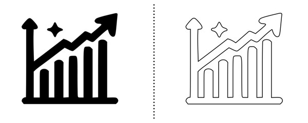 Obraz premium Business growth and financial analytics icons showing upward trend, rising bar chart and success indicators in solid and outline vector style for web, app and UI design
