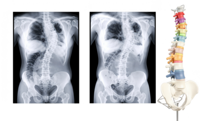 Clean medical layout of scoliosis diagnostics showing front and lateral Xrays combined with detailed 3D spine model segmented by colored regions on white background.