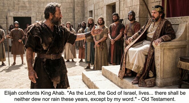 Elijah confronts King Ahab in ancient Israel as recorded in the Old Testament during a time of drought