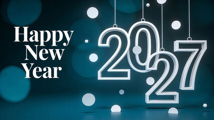 The year 2027 on the right side, designed as large, white, hollow 3D outline numerals hanging from thin vertical strings. Happy New Year, New Year