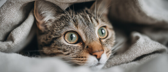A close-up of a curious cat peering out from under soft fabric, showcasing its striking green eyes and detailed fur patterns.