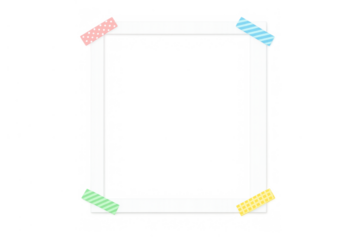 Blank square photo frame template with colorful patterned washi tape corners for memories, pictures, and art