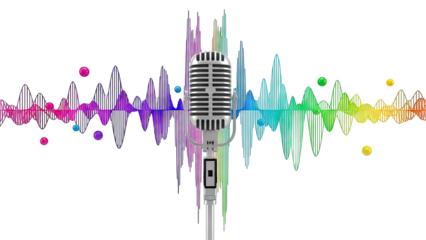 Retro Microphone with Colorful Sound Waves and Spheres