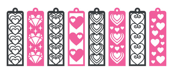 Decorative bookmarks with hearts pattern. Valentine's Day laser cut template. Bookmark stencil for paper, wood and metal cutting. Vector design