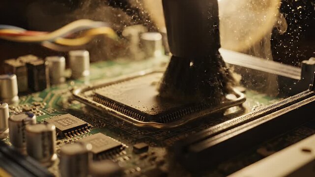 Macro shot of Brush cleaning Thermal Paste and Dust from CPU Socket representing Precision Repair