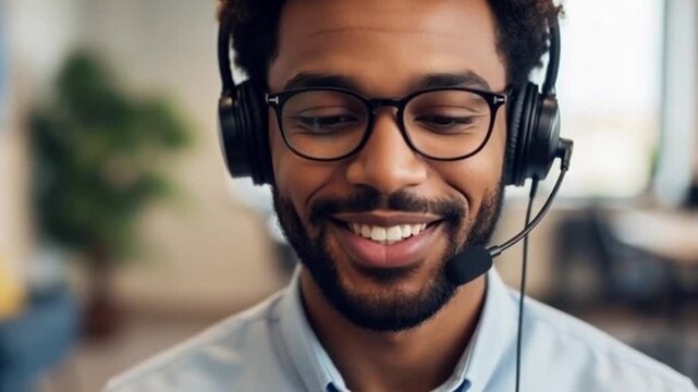 An experienced support representative, wearing a headset, offers assistance with a confident smile; the man has a beard and wears glasses.