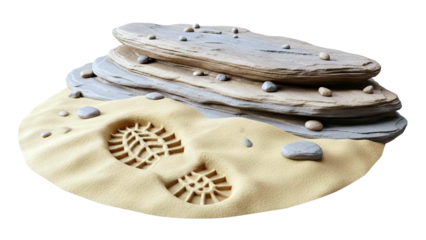Footprint in Sand with Layered Rocks and Pebbles