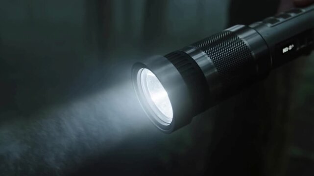 The flashlight illuminated the darkness with a bright white light, piercing the thin mist and forming a circle of completeness on the floor.