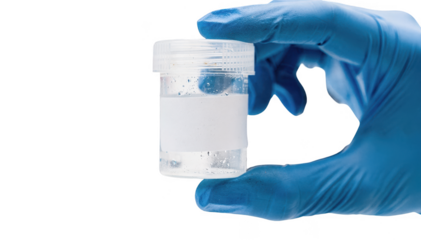 Closeup of a labeled biopsy specimen container in a technicians gloved hand set against a softly focused laboratory backdrop highlighting meticulous sample preparation and