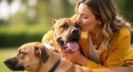 Woman Kissing Dog in Park. Outdoor Candid Moment with Woman and Two Dogs. Pet Owner Affection with Large Tan Dog.