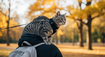 Gray Tabby Cat on Shoulders in Autumn Park. Person Carrying Cat with Harness in Fall Foliage. Outdoor Adventure with Pet Cat.