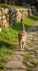 Striped cat walking on a rugged stone path in a rustic natural setting. Light brown cat mid-stride on an uneven weathered stone walkway. Serene outdoor photo of a cat exploring a stone path and wall.