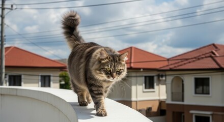Long-haired gray-brown cat walking on a curved white surface in a suburban backdrop. Fluffy cat exploring an urban residential area with red-tiled roofs. Cat on a sidewalk with houses and power lines