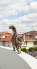 Long-haired gray-brown cat walking on a curved white surface in a suburban backdrop. Fluffy cat exploring an urban residential area with red-tiled roofs. Cat on a sidewalk with houses and power lines