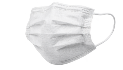 Closeup of a medical mask isolated on white background highlighting the breathable fabric and ergonomic design for respiratory infection prevention.