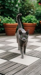Gray Cat Walking on Checkerboard Tile Deck. Green-Eyed Cat in Garden Patio. Feline on Wooden Deck with Potted Plants.