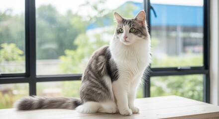 Fluffy White and Gray Cat by Window. Long-haired Cat in Sunlit Interior. Cat Gazing from Indoor Window Setting.