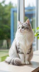 Fluffy White and Gray Cat by Window. Long-haired Cat in Sunlit Interior. Cat Gazing from Indoor Window Setting.