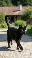 Black Cat Walking on Gravel Path. Yellow-Eyed Cat in Rural Setting. Sleek Feline Near Rustic House with Tiled Roof.