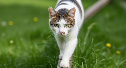 Cat Walking on Narrow Wooden Beam. White and Black Patched Cat with Green Eyes. Feline Balancing on Beam in Grass.